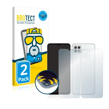 Face avant d’un emballage produit avec le logo de la marque BROTECT. À côté, l’appareil Samsung Galaxy A22 5G (Avant+Arrière) 