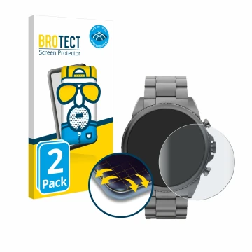 Face avant d’un emballage produit avec le logo de la marque BROTECT. À côté, l’appareil Fossil Gen 6 (44mm) est représenté ave