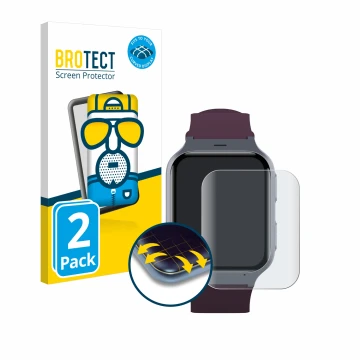 Face avant d’un emballage produit avec le logo de la marque BROTECT. À côté, l’appareil TCL Safety Watch MT43AX est représenté