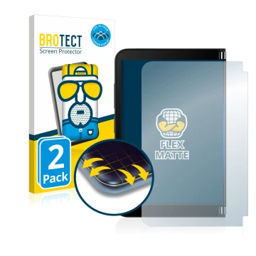 Face avant d’un emballage produit avec le logo de la marque BROTECT. À côté, l’appareil Microsoft Surface Duo 2 (Affichage ext