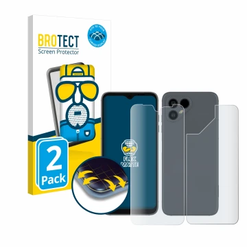 Face avant d’un emballage produit avec le logo de la marque BROTECT. À côté, l’appareil Fairphone 4 (Avant+Arrière) est représ