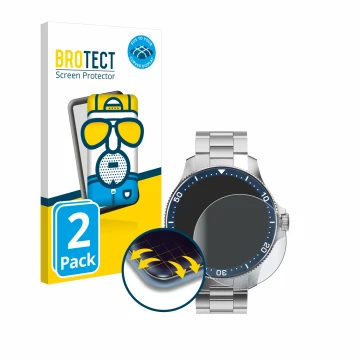 Face avant d’un emballage produit avec le logo de la marque BROTECT. À côté, l’appareil Withings ScanWatch Horizon (43 mm) est