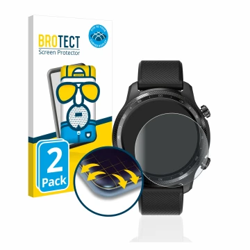 Face avant d’un emballage produit avec le logo de la marque BROTECT. À côté, l’appareil Mobvoi Ticwatch Pro 3 Ultra GPS est re