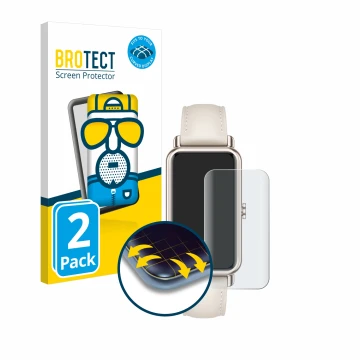 Face avant d’un emballage produit avec le logo de la marque BROTECT. À côté, l’appareil Huawei Watch Fit mini est représenté a