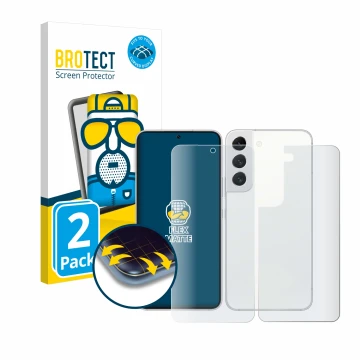 Face avant d’un emballage produit avec le logo de la marque BROTECT. À côté, l’appareil Samsung Galaxy S22 5G (Avant+Arrière) 