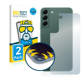 Face avant d’un emballage produit avec le logo de la marque BROTECT. À côté, l’appareil Samsung Galaxy S22 Plus 5G (Arrière) e