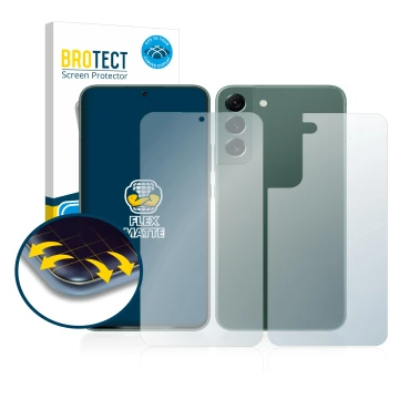 Face avant d’un emballage produit avec le logo de la marque BROTECT. À côté, l’appareil Samsung Galaxy S22 Plus 5G (Avant+Arri