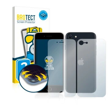 Face avant d’un emballage produit avec le logo de la marque BROTECT. À côté, l’appareil Apple iPhone SE 3 2022 (Avant+Arrière)