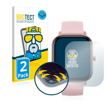 Face avant d’un emballage produit avec le logo de la marque BROTECT. À côté, l’appareil DCU Tecnologic Smartwatch Curved Glass