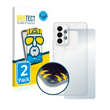 Face avant d’un emballage produit avec le logo de la marque BROTECT. À côté, l’appareil Samsung Galaxy A53 5G (Arrière) est re