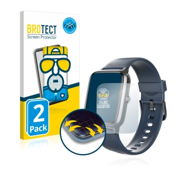 Face avant d’un emballage produit avec le logo de la marque BROTECT. À côté, l’appareil Hama Fit Watch 4900 est représenté ave