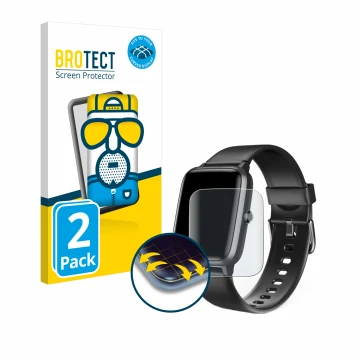 Face avant d’un emballage produit avec le logo de la marque BROTECT. À côté, l’appareil Hama Fit Watch 5910 est représenté ave