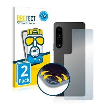 Face avant d’un emballage produit avec le logo de la marque BROTECT. À côté, l’appareil Sony Xperia 1 IV (Arrière) est représe