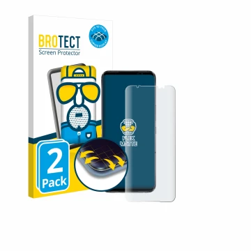 Face avant d’un emballage produit avec le logo de la marque BROTECT. À côté, l’appareil ASUS ROG Phone 6 est représenté avec l