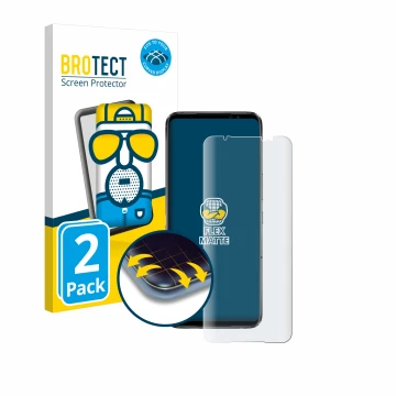 Face avant d’un emballage produit avec le logo de la marque BROTECT. À côté, l’appareil ASUS ROG Phone 6 Pro est représenté av