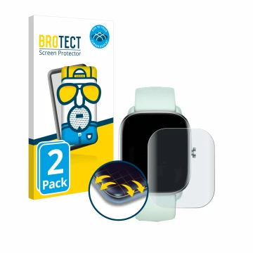 Face avant d’un emballage produit avec le logo de la marque BROTECT. À côté, l’appareil Huami Amazfit GTS 4 Mini est représent