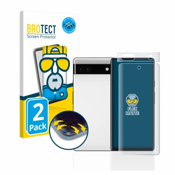 Face avant d’un emballage produit avec le logo de la marque BROTECT. À côté, l’appareil Google Pixel 6a (Avant+Caméra) est rep