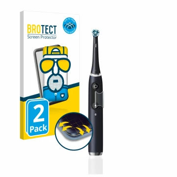 Face avant d’un emballage produit avec le logo de la marque BROTECT. À côté, l’appareil Oral-B iO 6 est représenté avec la pro