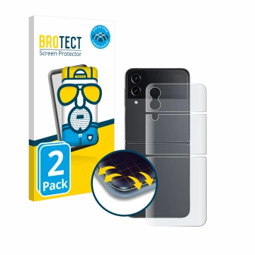 Face avant d’un emballage produit avec le logo de la marque BROTECT. À côté, l’appareil Samsung Galaxy Z Flip 4 (Arrière) est 