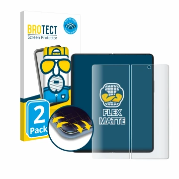 Face avant d’un emballage produit avec le logo de la marque BROTECT. À côté, l’appareil Samsung Galaxy Z Fold 4 (Affichage int