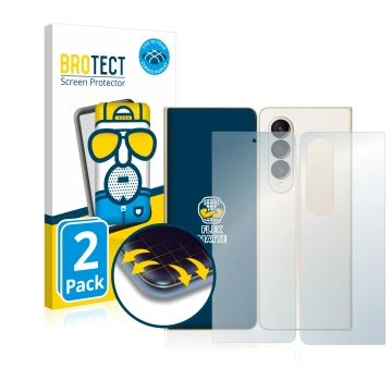 Face avant d’un emballage produit avec le logo de la marque BROTECT. À côté, l’appareil Samsung Galaxy Z Fold 4 (Avant+Arrière