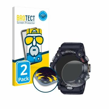 Face avant d’un emballage produit avec le logo de la marque BROTECT. À côté, l’appareil Casio G-Shock Mudmaster GG-B100-1AER e