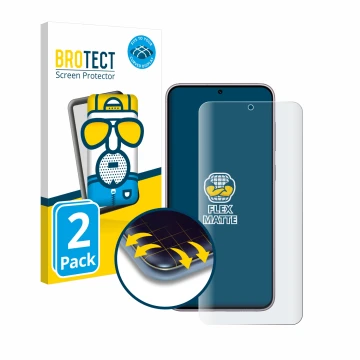 Face avant d’un emballage produit avec le logo de la marque BROTECT. À côté, l’appareil Samsung Galaxy S23 Plus est représenté