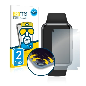 Face avant d’un emballage produit avec le logo de la marque BROTECT. À côté, l’appareil Huawei Watch Fit 2 Active Edition est 