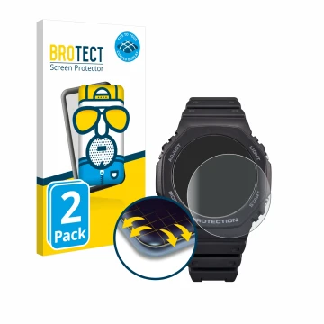 Face avant d’un emballage produit avec le logo de la marque BROTECT. À côté, l’appareil Casio G-Shock GA-B2100 est représenté 