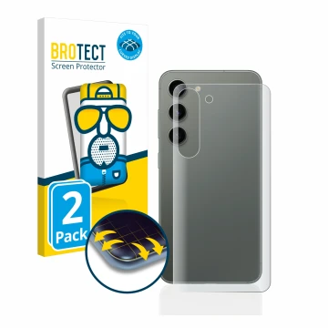 Face avant d’un emballage produit avec le logo de la marque BROTECT. À côté, l’appareil Samsung Galaxy S23 Plus (Arrière) est 