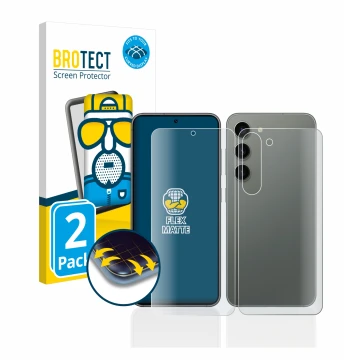 Face avant d’un emballage produit avec le logo de la marque BROTECT. À côté, l’appareil Samsung Galaxy S23 Plus (Avant+Arrière