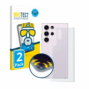 Face avant d’un emballage produit avec le logo de la marque BROTECT. À côté, l’appareil Samsung Galaxy S23 Ultra (Arrière) est