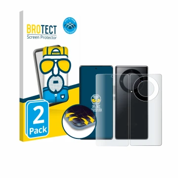 Face avant d’un emballage produit avec le logo de la marque BROTECT. À côté, l’appareil Honor Magic 5 Lite (Avant+Arrière) est