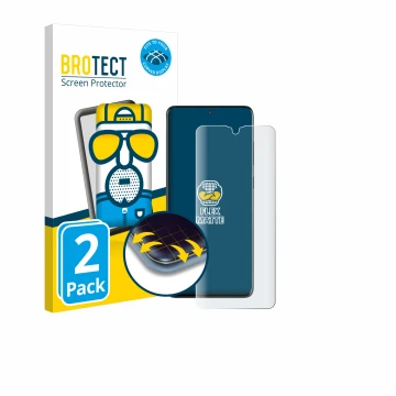 Face avant d’un emballage produit avec le logo de la marque BROTECT. À côté, l’appareil Samsung Galaxy S20 Ultra (case-friendl
