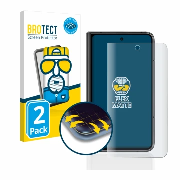 Face avant d’un emballage produit avec le logo de la marque BROTECT. À côté, l’appareil Google Pixel Fold (Affichage externe) 