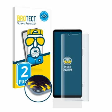 Face avant d’un emballage produit avec le logo de la marque BROTECT. À côté, l’appareil Sony Xperia 1 V est représenté avec la