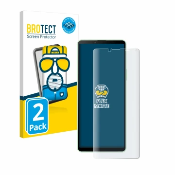 Face avant d’un emballage produit avec le logo de la marque BROTECT. À côté, l’appareil Sony Xperia 10 V est représenté avec l