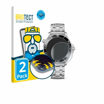 Face avant d’un emballage produit avec le logo de la marque BROTECT. À côté, l’appareil Omega Seamaster Diver 300M (42 mm) est