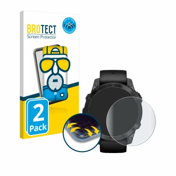 Face avant d’un emballage produit avec le logo de la marque BROTECT. À côté, l’appareil Garmin Epix Pro (Gen 2) (47 mm) est re