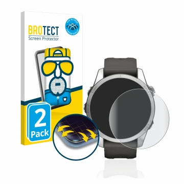 Face avant d’un emballage produit avec le logo de la marque BROTECT. À côté, l’appareil Garmin Fenix 7S Pro Solar (42 mm) est 