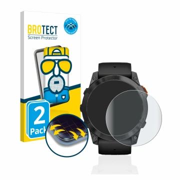 Face avant d’un emballage produit avec le logo de la marque BROTECT. À côté, l’appareil Garmin Fenix 7X Pro Solar (51 mm) est 