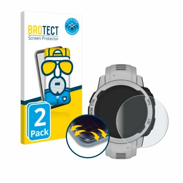 Face avant d’un emballage produit avec le logo de la marque BROTECT. À côté, l’appareil Garmin Instinct 2S Solar (40 mm) est r