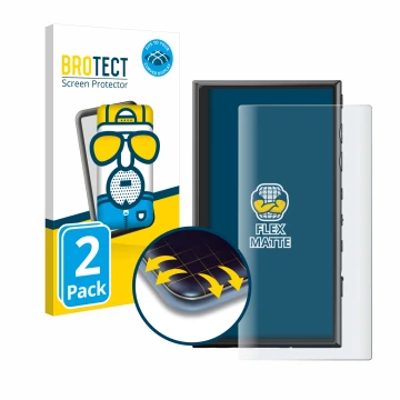 Face avant d’un emballage produit avec le logo de la marque BROTECT. À côté, l’appareil Sony Walkman NW-A306 est représenté av