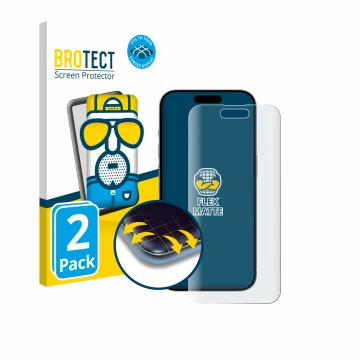 Face avant d’un emballage produit avec le logo de la marque BROTECT. À côté, l’appareil Apple iPhone 15 est représenté avec la