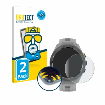 Face avant d’un emballage produit avec le logo de la marque BROTECT. À côté, l’appareil Garmin Approach S70 (42 mm) est représ