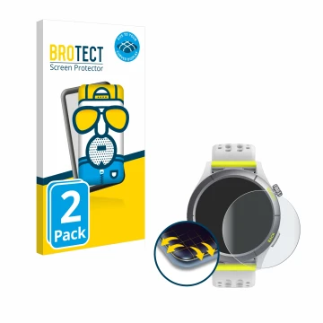 Face avant d’un emballage produit avec le logo de la marque BROTECT. À côté, l’appareil Huami Amazfit Cheetah est représenté a