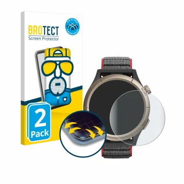 Face avant d’un emballage produit avec le logo de la marque BROTECT. À côté, l’appareil Huami Amazfit Cheetah Pro est représen