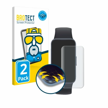Face avant d’un emballage produit avec le logo de la marque BROTECT. À côté, l’appareil Huawei Band 8 est représenté avec la p