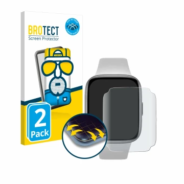 Face avant d’un emballage produit avec le logo de la marque BROTECT. À côté, l’appareil Xiaomi Redmi Watch 3 Active est représ