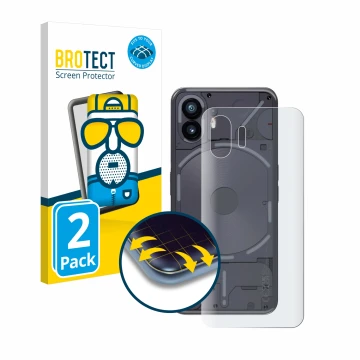 Face avant d’un emballage produit avec le logo de la marque BROTECT. À côté, l’appareil Nothing Phone (2) (Arrière) est représ
